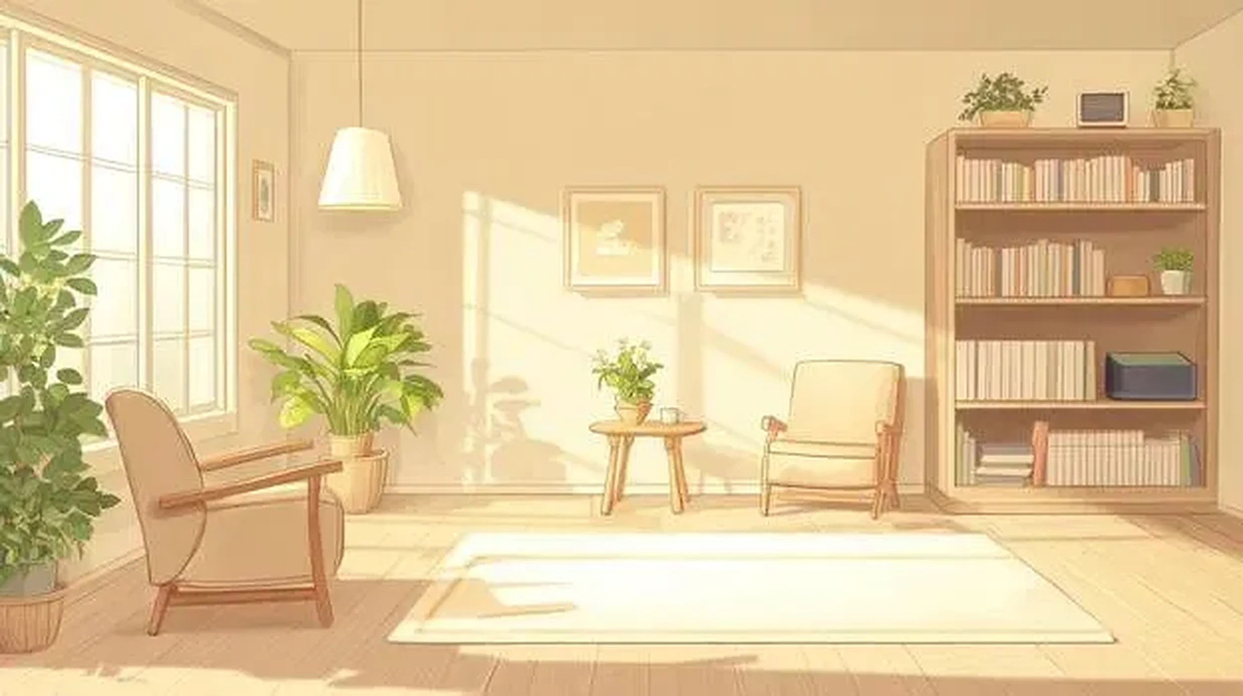 A sunny room with two armchairs, plants, a bookshelf and two sleeping cats